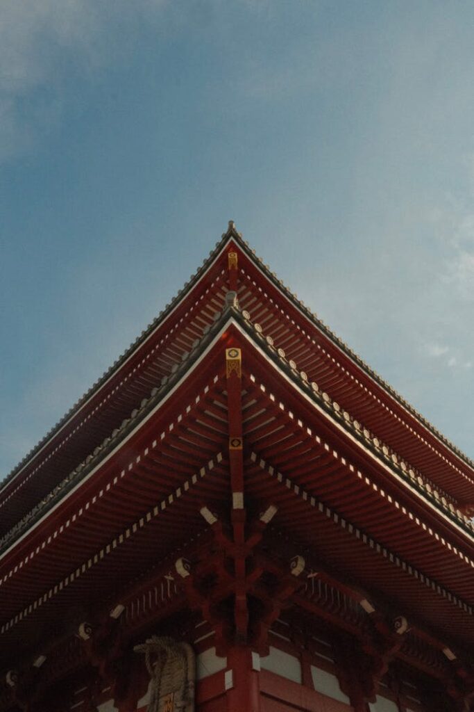 Detailed view of Senso-ji Temple roof in Taito City, Tokyo, featuring classic Japanese architecture under a clear sky.
