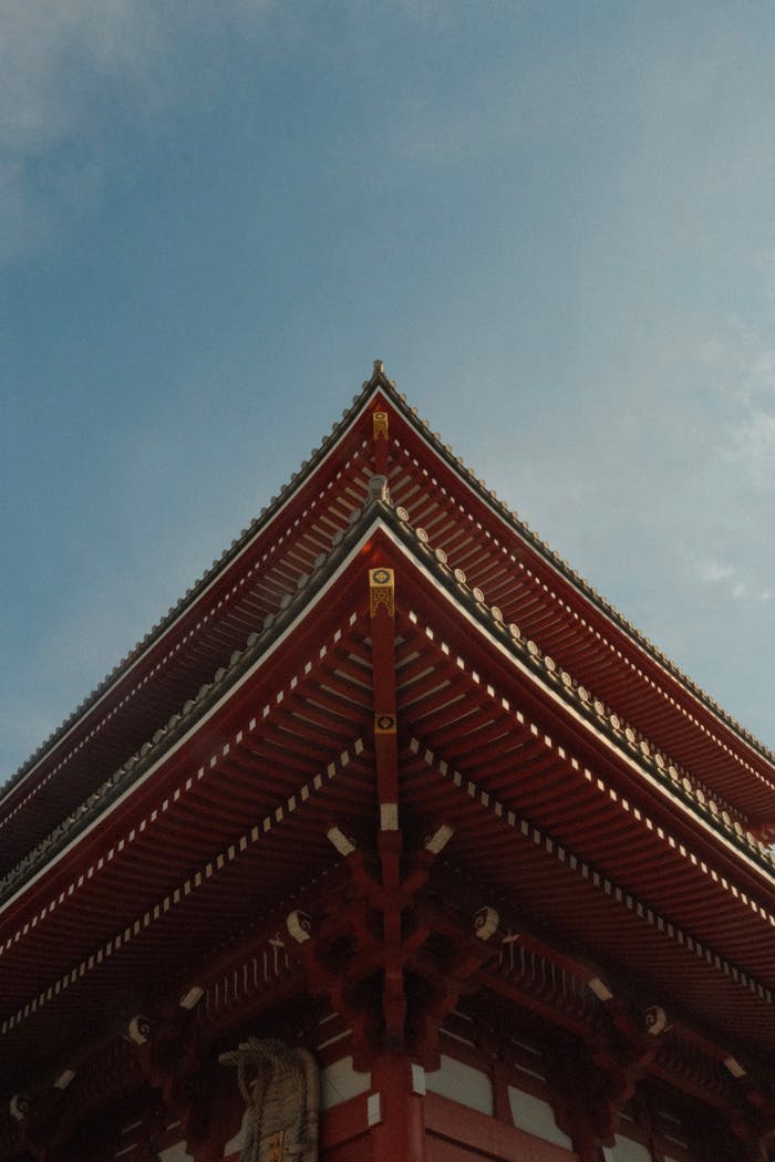 Detailed view of Senso-ji Temple roof in Taito City, Tokyo, featuring classic Japanese architecture under a clear sky.
