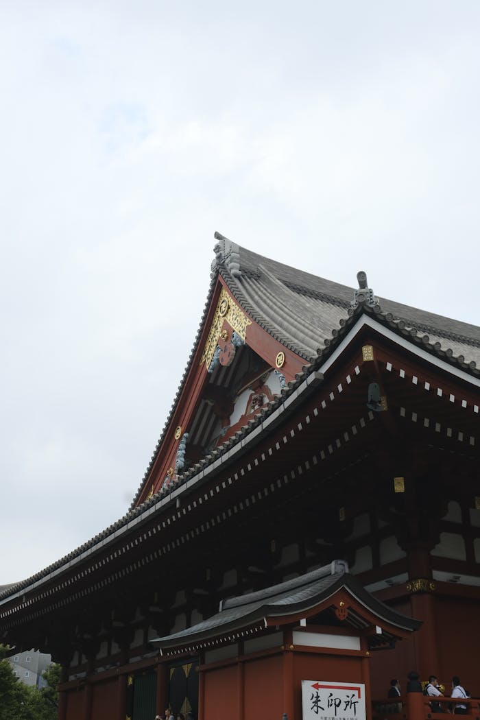 A detailed view of traditional Japanese temple architecture showcasing intricate roof design and cultural elements.