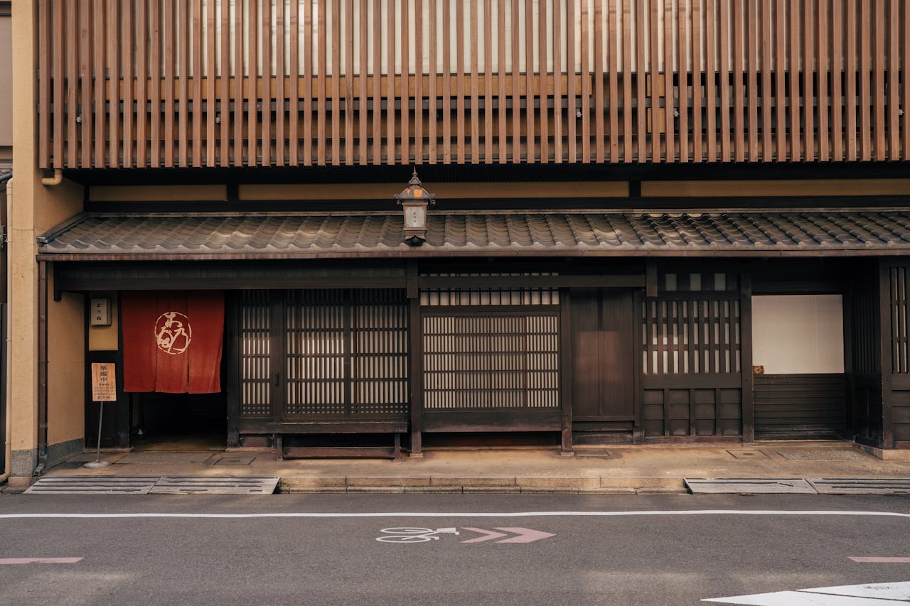 A traditional wooden building facade in Kyoto, Japan, showcasing classic Japanese architecture.