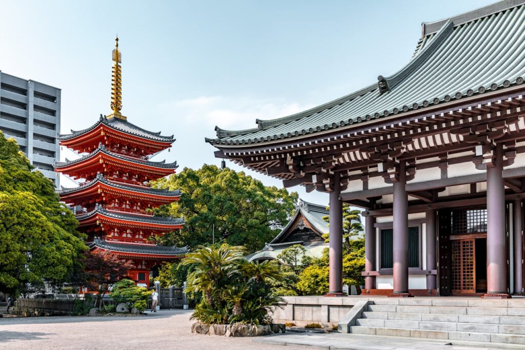 A stunning architectural shot of the historic Tochoji Temple, showcasing its serene beauty.